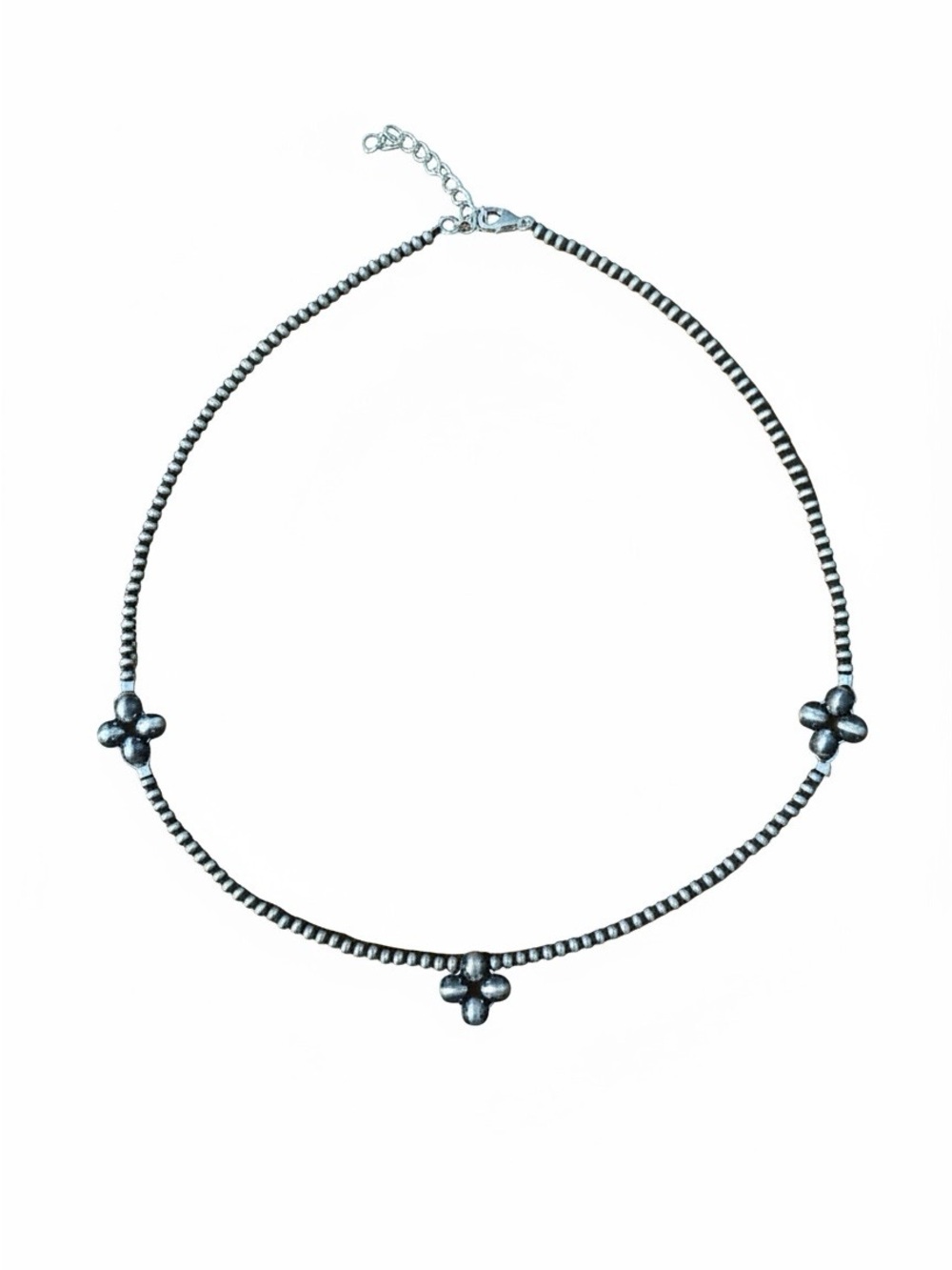 Sterling-Style Silver Pearl Bead Necklace with Clover Accents